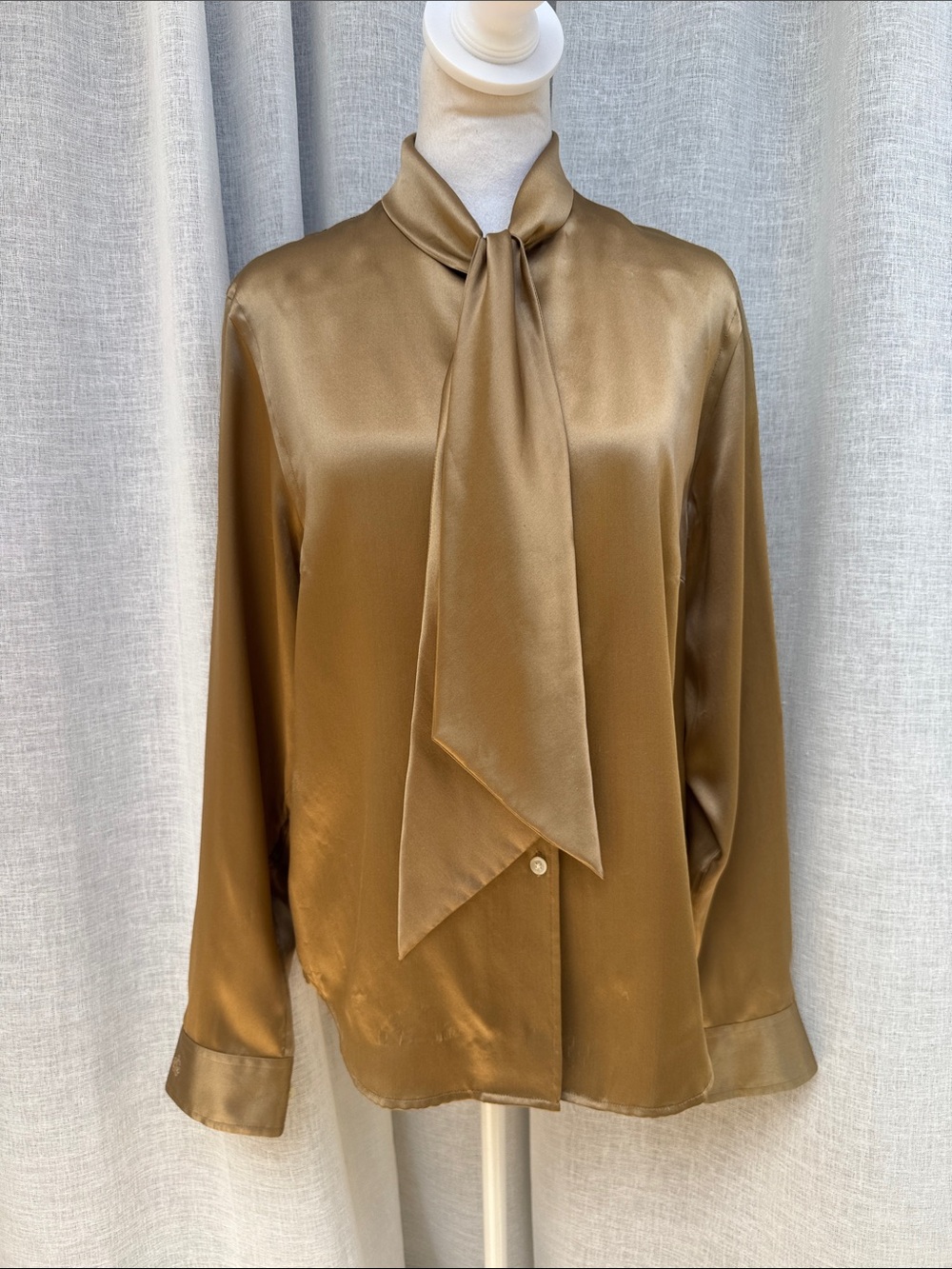 Lauren Ralph Lauren gold satin long-sleeve silk blouse bow tie neck